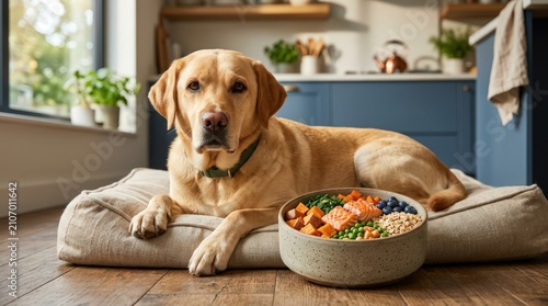Golden Labrador Dog Relaxing on Bed with Healthy Food Bowl