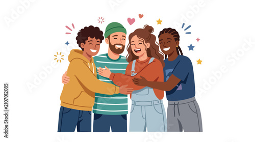 Best friends illustration featuring a best friends flat illustration showing diverse young people hugging together
