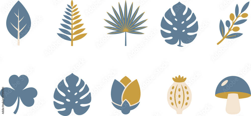Obraz premium Set of colorful nature icons featuring tropical leaves and forest mushrooms