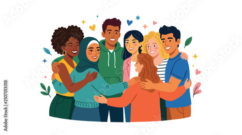 Best friends illustration and best friends flat illustration showing diverse group hugging