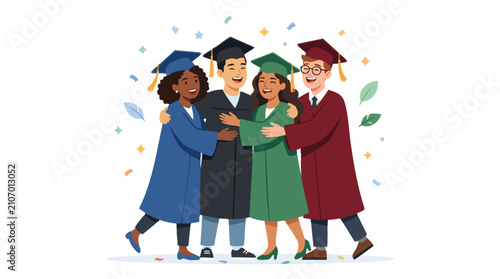 Best friends illustration showing smiling graduates in caps and gowns as best friends flat illustration celebrating