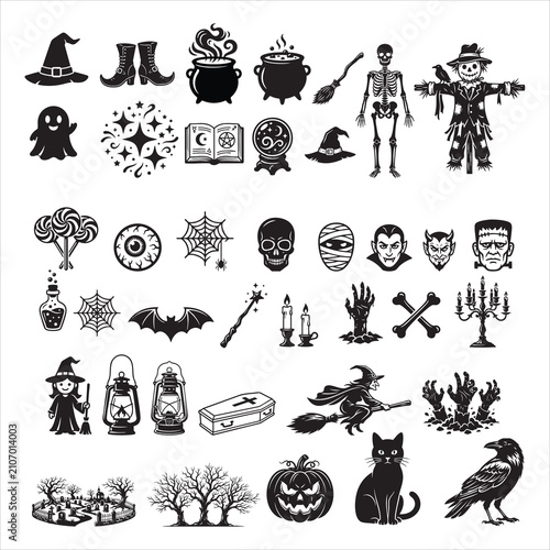 Spooky Halloween Vector Icon Bundle Flying Witch Skeleton Pumpkin Black Cat Coffin Silhouette Set