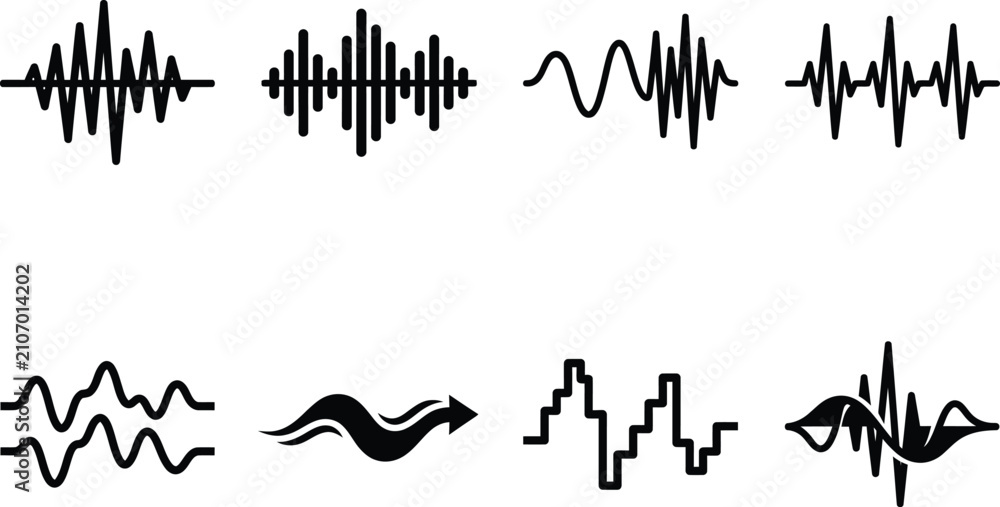 Obraz premium Collection of various sound wave forms and audio frequency signals in a flat black icon style