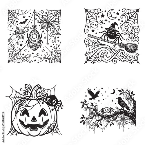Cute Halloween Spider Coloring Pages Bundle Spooky Pumpkin Witch Broom Webs Vector Set