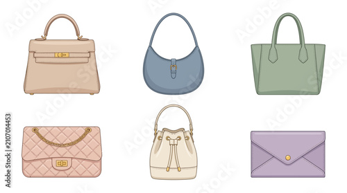 Set of luxury women's handbags in various styles
