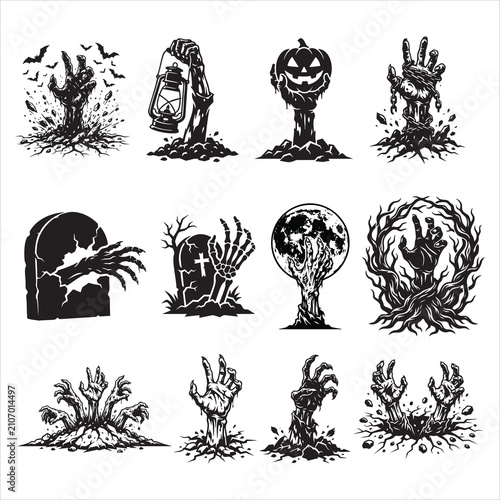 Zombie Hand and Graveyard Vector Icon Bundle – Detailed Halloween Horror Silhouette Set with Lantern, Moon and Tombstone