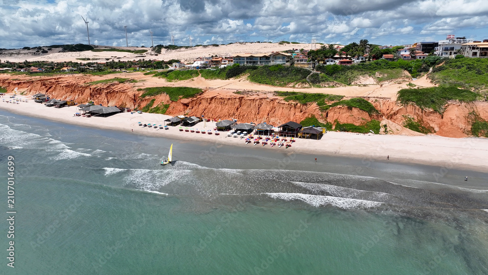 Fototapeta premium Canoa Quebrada Beach In Aracati Ceara Brazil. Breathtaking Aerial View Of A Lush Tropical Coastline Scenery. Coast Horizon Seaside Summertime. Coast Panoramic. Aracati Ceara.