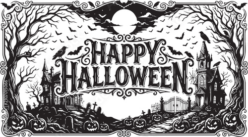 Vintage Happy Halloween Illustration – Ornate Gothic Border Design with Haunted House, Full Moon and Pumpkin Patch