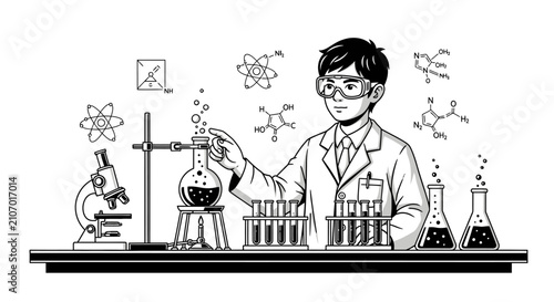 Young scientist conducting experiment in laboratory with scientific symbols