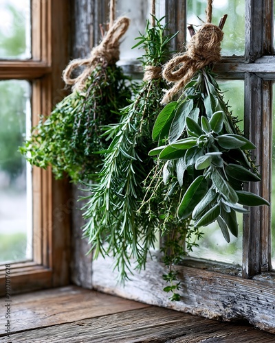 Fresh Herb Bundles Dry on Rustic Window Frame