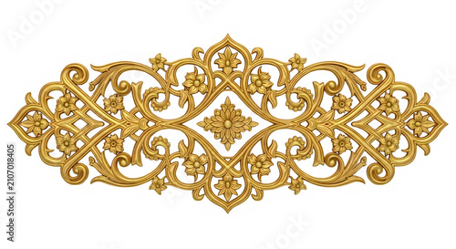 Ornate golden floral filigree element with symmetrical scrollwork on transparent background.