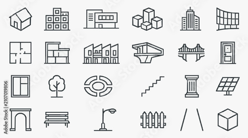 Foto Industrial Minimalist Line Drawing Icons Set of Urban Architecture Buildings Str