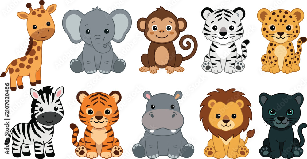 Obraz premium Cute safari jungle baby animals vector character set collection including elephant giraffe tiger lion monkey zebra leopard panther hippo