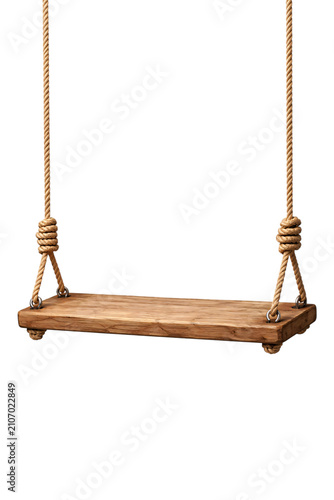 Wooden swing seat with thick rope on png transparent black