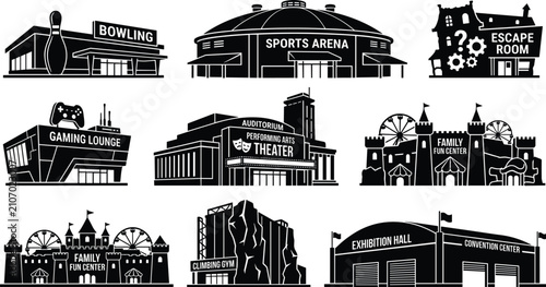 Fotografija Entertainment and Leisure Venue Buildings Icon Set Featuring Bowling Alley Sport