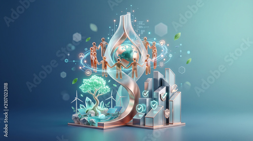 Esg concept with people, globe, and sustainability in a3d eco-friendly team collaboration