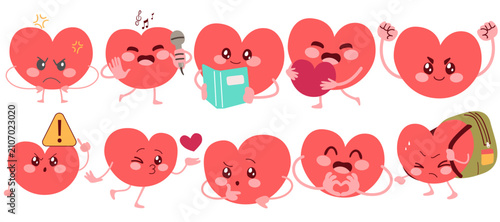 Cartoon vector set of cute heart characters showing different emotions and actions including angry and different expressions and actions