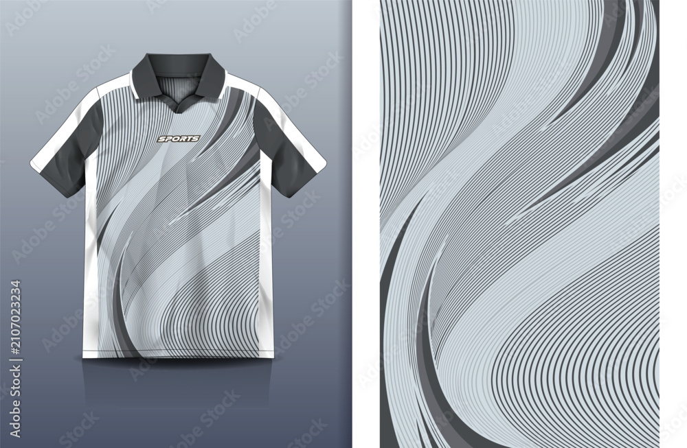 Fototapeta premium Jersey Sport Streetwear Design Wavy Curve Line Optical Pattern Gray White Polo Collar Sublimation Fashion