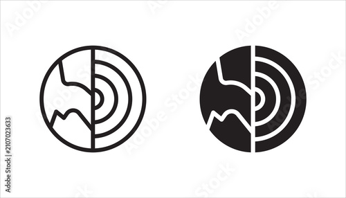 Obraz na płótnie Seismic radar icon set, representing earthquake detection, geology, disaster monitoring, and earth science in outline and glyph styles