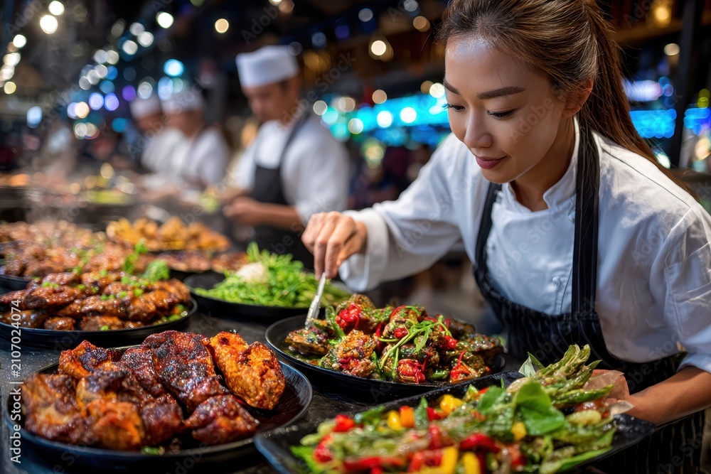 Obraz premium Female Chef Arranging Dishes at a Bustling Food Market Buffet