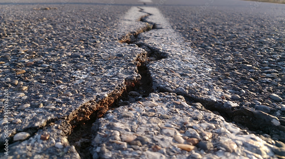 Obraz premium Deep structural crack in asphalt road surface.