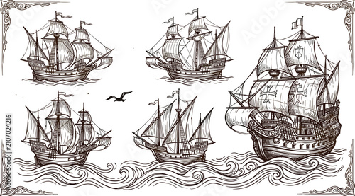 Cuadro en lienzo Vintage sailing ships vector collection featuring ancient wooden galleons carave