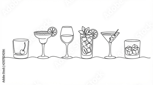  Cocktail glasses continuous line art drawing bar menu beverage icon set