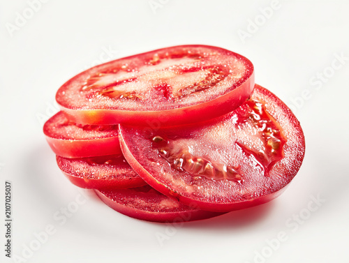 Photorealistic studio product photography of fresh red tomato slices with seeds, isolated on a clean white background with minimalist high-key lighting.