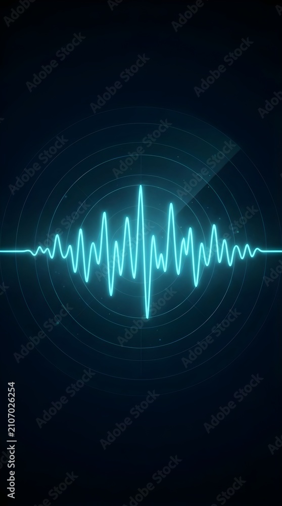 Fototapeta premium Blue digital audio waveform glowing on dark background.