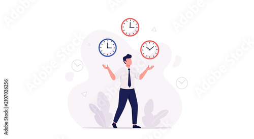 Businessman juggling clocks, symbolizing time management, productivity, and deadlines in a modern flat illustration style.