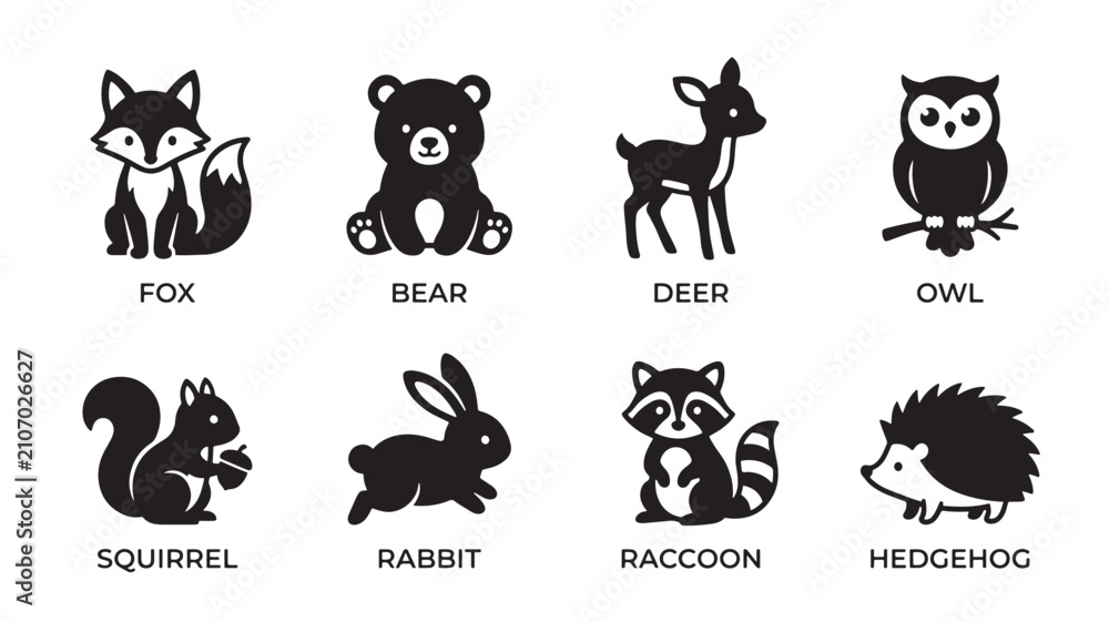 Obraz premium Cute Woodland Animal Silhouette Icon Set with Fox Bear Deer Owl Squirrel Rabbit Raccoon and Hedgehog Black Vector Collection Isolated on White Background