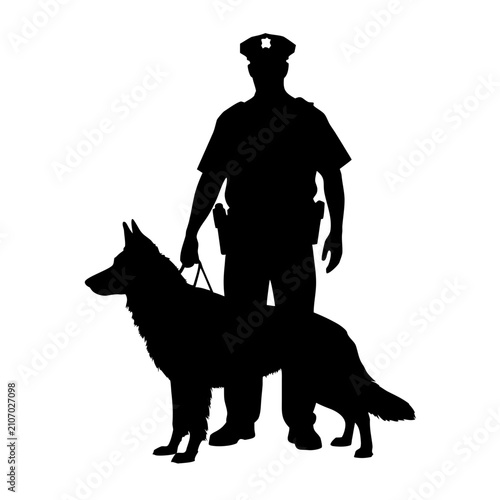 Striking silhouette of police handler with trained German Shepherd dog. Officer and K9 partner illustrate law enforcement dedication, portraying loyalty and protective service.