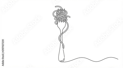 Fork twirling spaghetti noodle continuous line art drawing Italian pasta icon