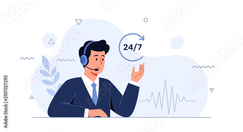 Customer service representative with headset, 24/7 support symbol, and soundwave graphic, vector illustration