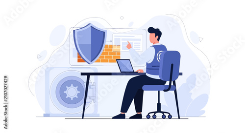 Cybersecurity concept: Man working on laptop with digital shield and firewall protecting data