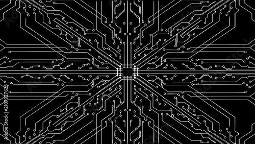 Konstfotografi Circuit board pattern a symmetrical vector illustration with white lines on a bl