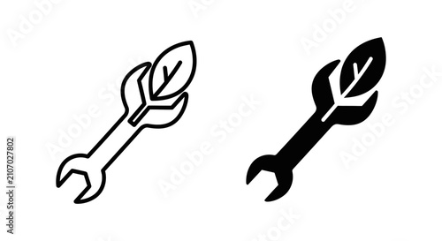 Eco friendly maintenance service icon set in line and solid styles with sustainability maintenance environment renewable technology development engineering illustration