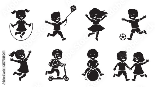 Children Playing and Enjoying Various Outdoor Activities Featuring Jumping, Skipping, Kite with Soccer and Running Elements