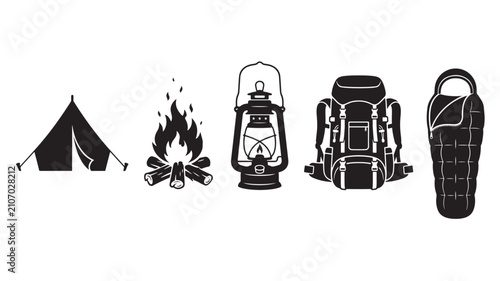 Camping Gear Including Tent, Campfire, Lantern, Backpack, and Sleeping Bag Featuring Outdoor, Adventure, Hiking with Travel