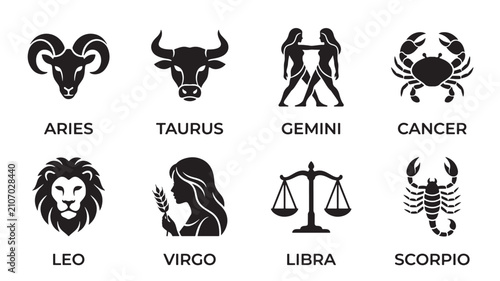 Zodiac Signs with Symbols and Names in Black and White Featuring Astrology, Aries, Taurus with Gemini and Cancer Elements