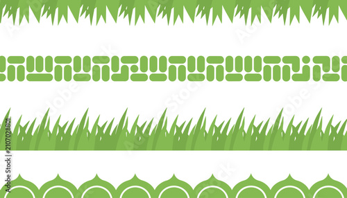Collection of four unique repeating green border designs featuring grass patterns and modern geometric lines.