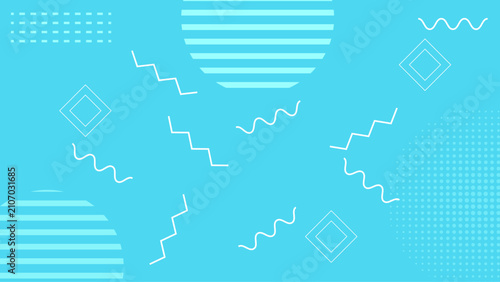 Playful Cyan Blue Geometric Abstract Background with Wavy Zigzag Lines Striped Circles Diamonds and Halftone Dots Modern Pattern 