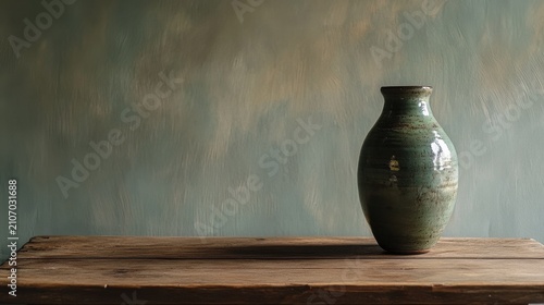 Vase made of dark green ceramic sits on a rustic wooden table against a textured painted wall.