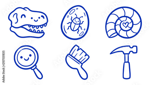 Cute hand drawn paleontology icon set featuring dinosaur fossils and excavation tools vector