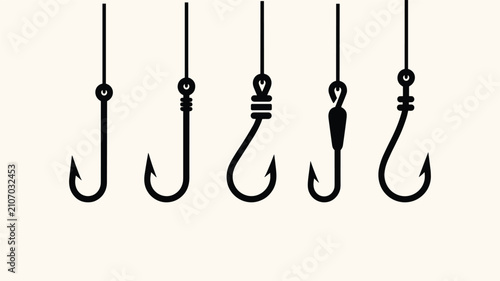 Bild auf Leinwand Five different types of metal fishing hooks hanging on vertical lines isolated on a light colored background