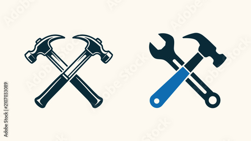 Two crossed hammers and a hammer crossed with a wrench representing construction and repair.
