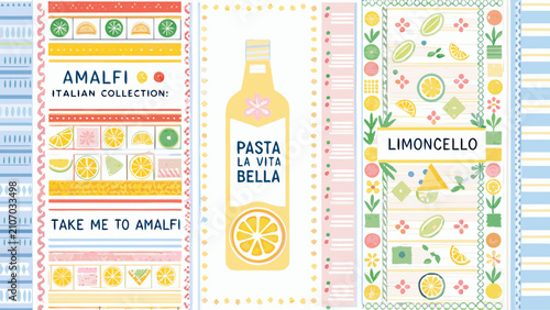 Foto Lemon and pasta themed vector illustration with amalfi coast lettering and color