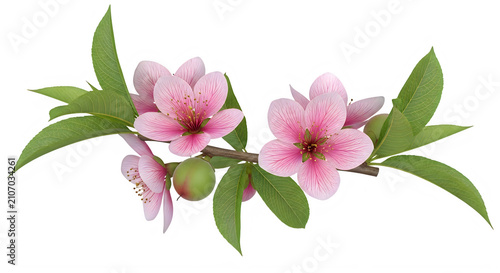 Peach blossoms with delicate pink petals and green leaves on a branch transparent background.