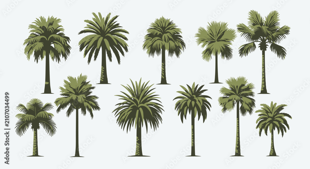 Fototapeta premium Collection of diverse palm tree silhouettes for tropical and nature designs