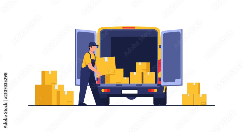 Naklejka premium Delivery Worker Loading Boxes into a Yellow Van, Logistics and Shipping Concept Flat Vector Illustration for Courier Service, Transport, and Moving Company